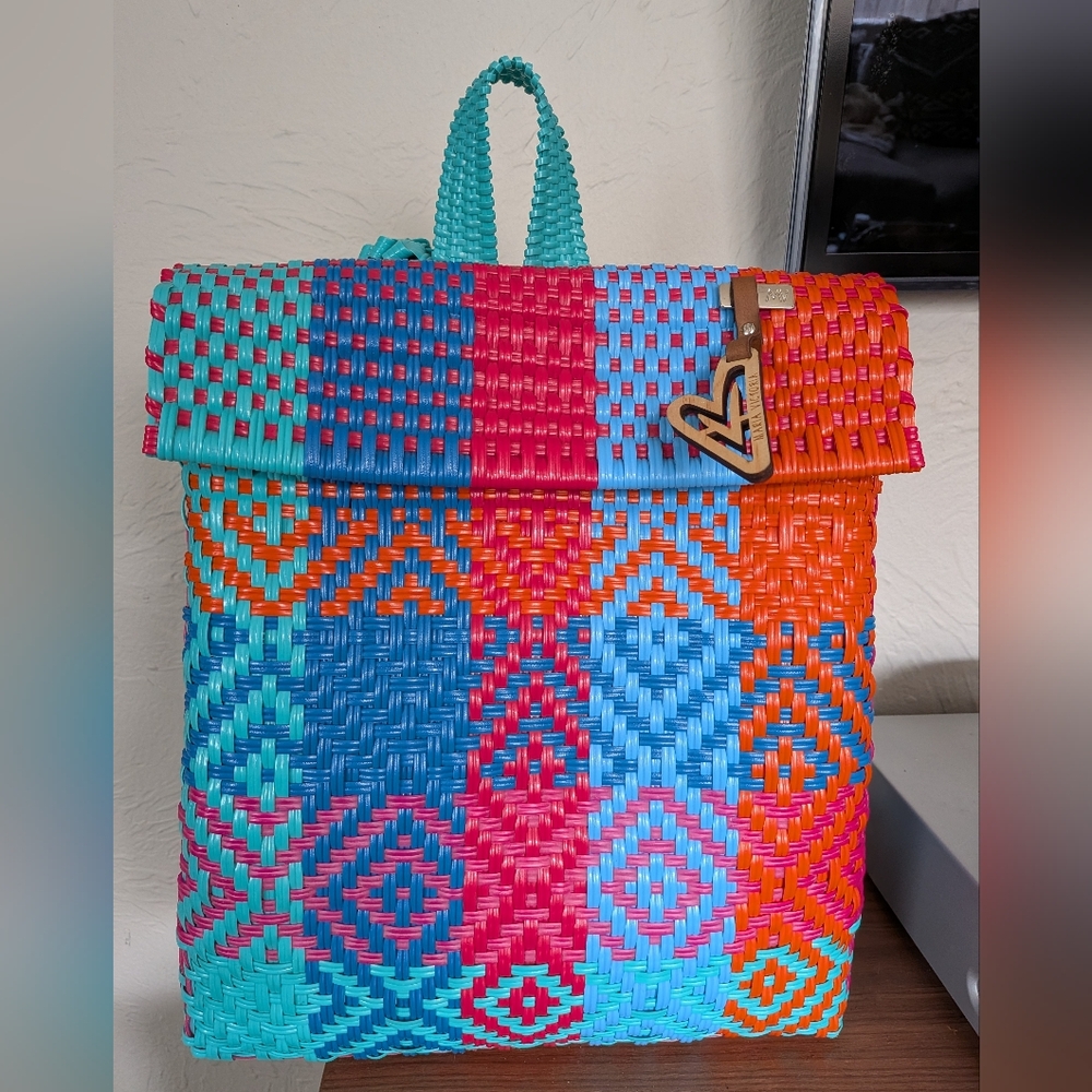 Maria Victoria Woven Backpack in Teal, Blue, Pink & Orange